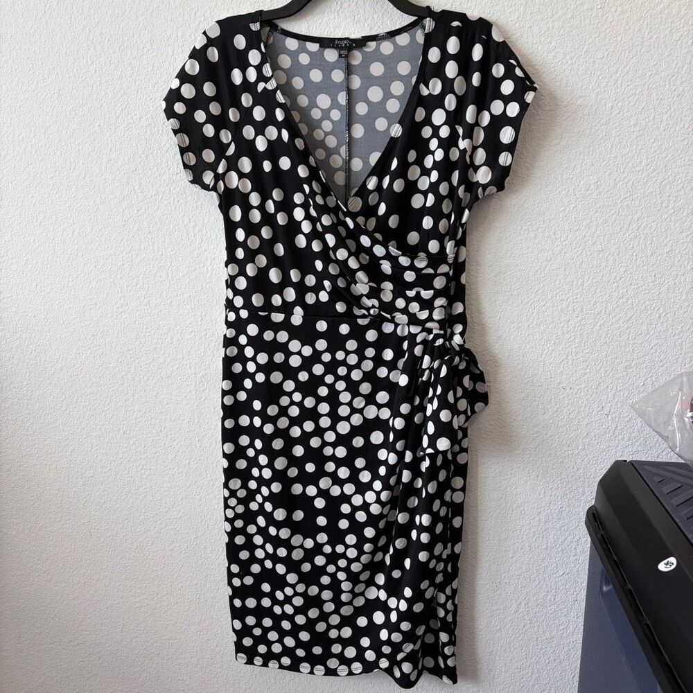 Black & White Polka Dot Faux Wrap Dress - Size M